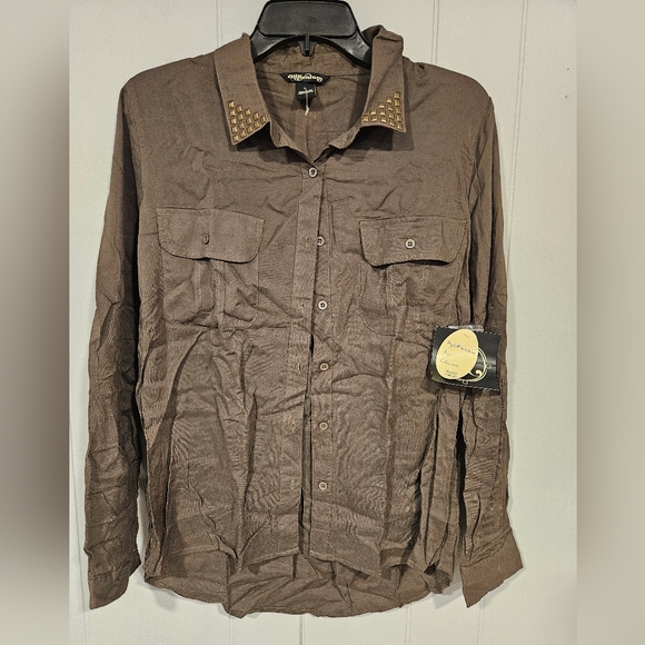 Vintage Millenium Button Down Rayon Shirt Studded Collar Brown Large Long-Sleeve - Picture 1 of 5